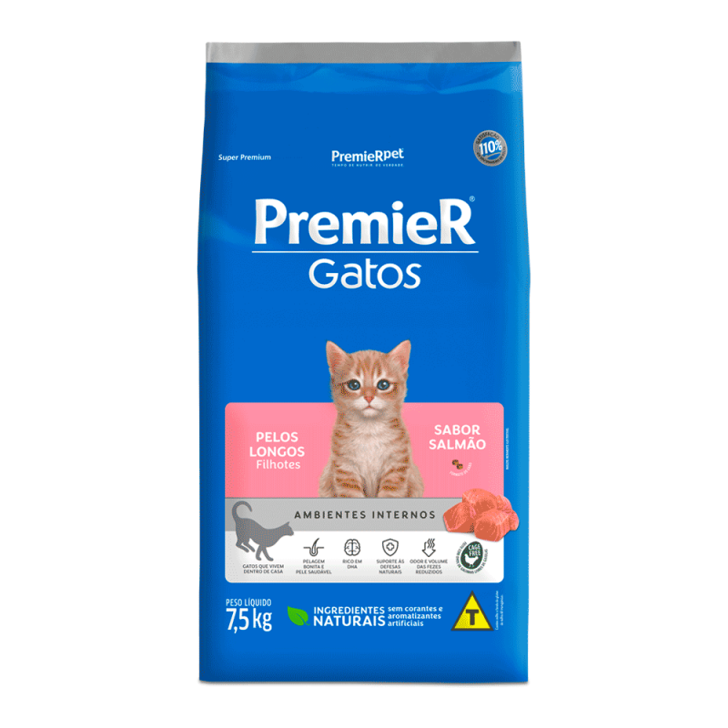 PREMIER GATOS FILHOTES PELOS LONGOS SALMÃO 7,5KG