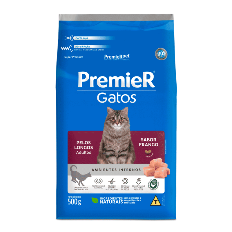 PREMIER GATOS ADULTOS PELOS LONGOS FRANGO 500G