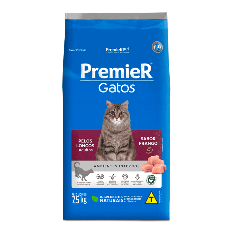 PREMIER GATOS ADULTOS PELOS LONGOS FRANGO 7,5KG