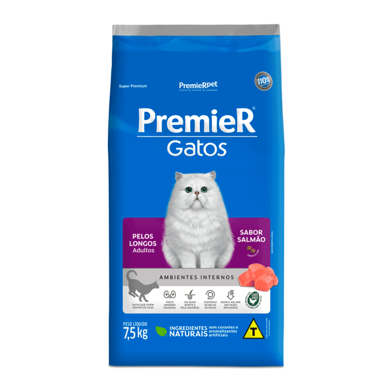 PREMIER GATOS ADULTOS PELOS LONGOS SALMÃO 7,5KG