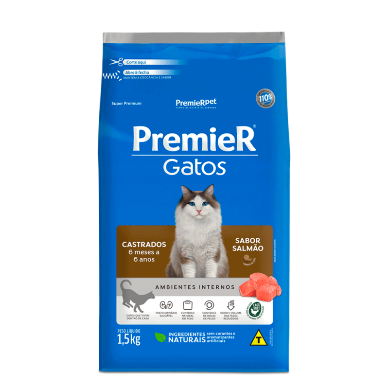 PREMIER GATOS ADULTO CASTRADO 6 MESES A 6 ANOS SALMÃO 1,5 KG