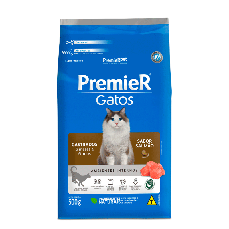 PREMIER GATOS ADULTO CASTRADO 6 MESES A 6 ANOS SALMAO 500GR