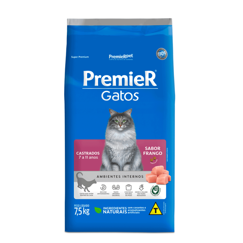 PREMIER GATOS ADULTO CASTRADO 7 A 11 ANOS FRANGO 7,5 KG