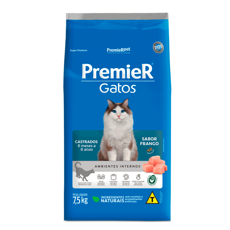 PREMIER GATOS ADULTO CASTRADO 6 MESES A 6 ANOS FRANGO 7,5 KG