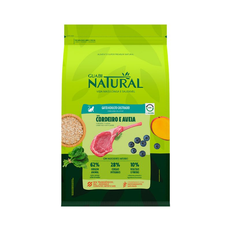 GUABI NATURAL GATOS ADULTOS CASTRADOS CORDEIRO E AVEIA 1,5KG