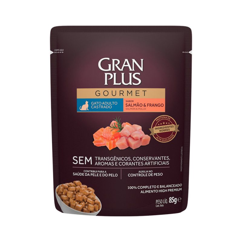 SACHÊ GRANPLUS GOURMET GATOS ADULTOS CASTRADOS SALMÃO E FRANGO 85G