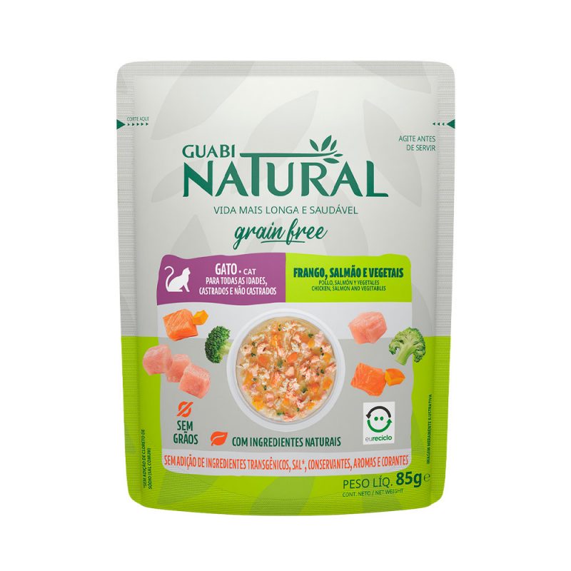 SACHÊ GUABI NATURAL GRAIN FREE GATOS ADULTOS CASTRADOS SALMÃO E FRANGO 85G