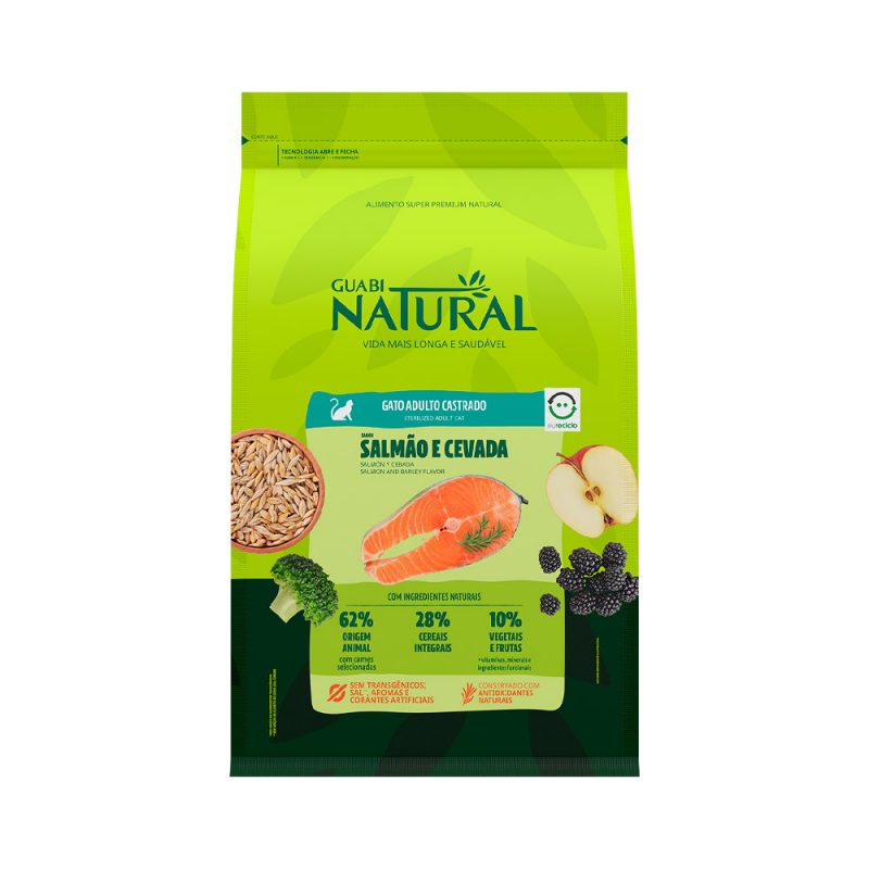 GUABI NATURAL GATOS ADULTOS CASTRADOS SALMÃO E CEVADA 1,5KG