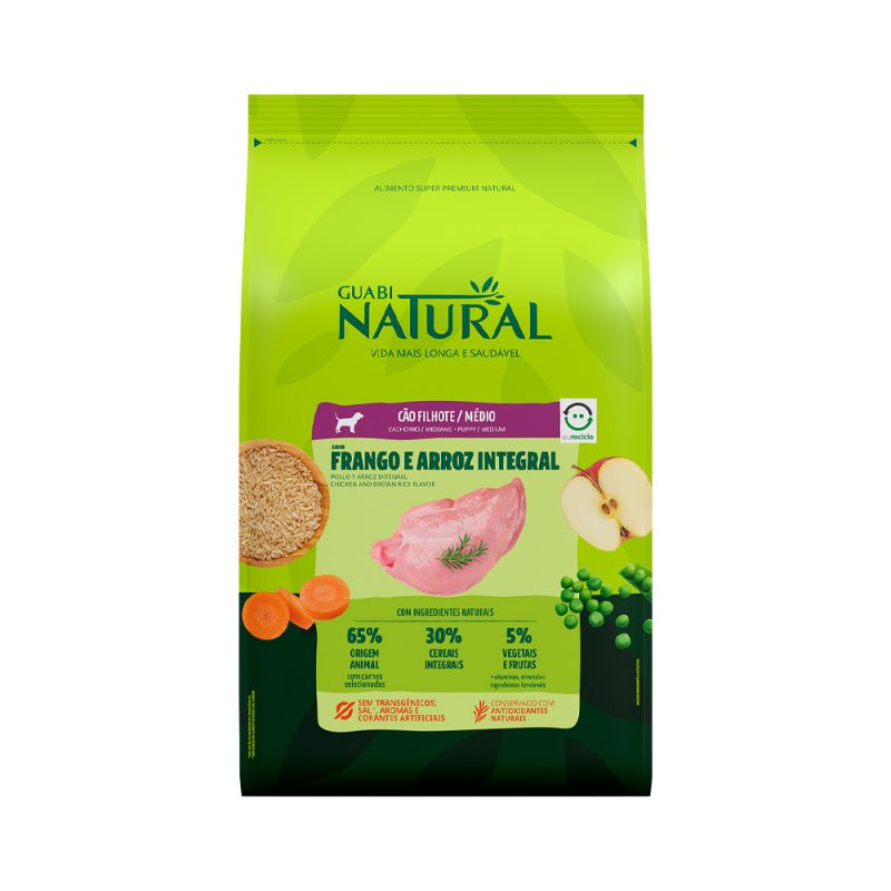 GUABI NATURAL CÃES FILHOTES RAÇA MÉDIA FRANGO E ARROZ 20KG