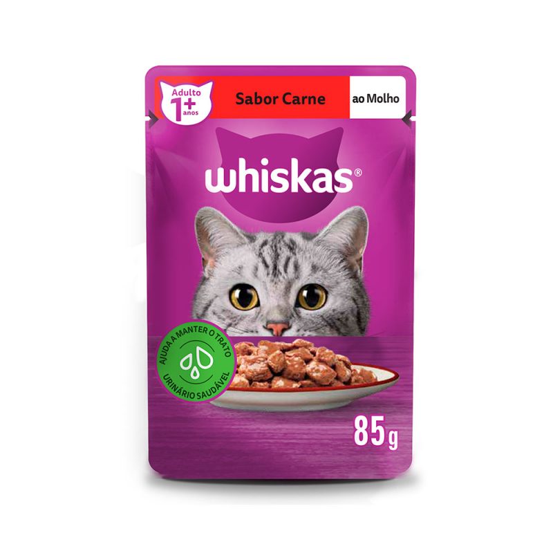 SACHÊ WHISKAS GATOS ADULTOS CARNE AO MOLHO 85G