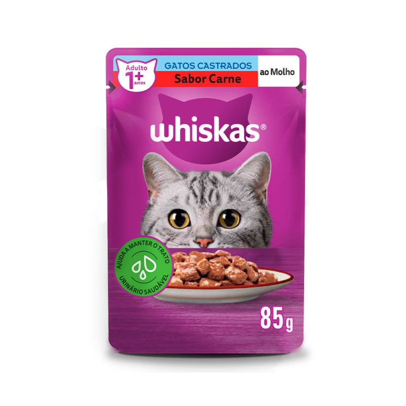 SACHÊ WHISKAS GATOS ADULTOS CASTRADOS CARNE AO MOLHO 85G