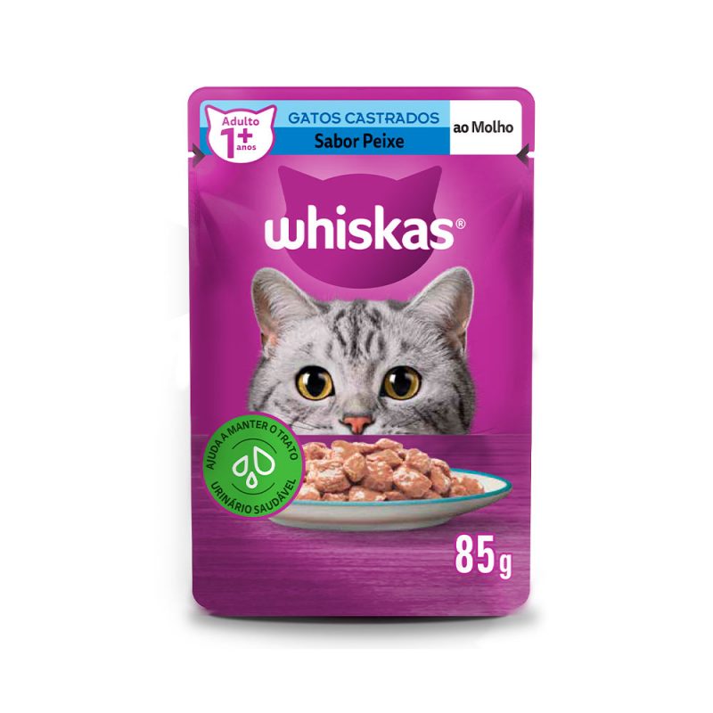 SACHÊ WHISKAS GATOS ADULTOS CASTRADOS PEIXE AO MOLHO 85G